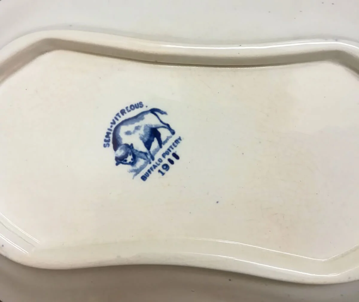 Vintage Buffalo China, Semi-Vitreous "Blue Willow" Oblong Serving Dish, c. 1911