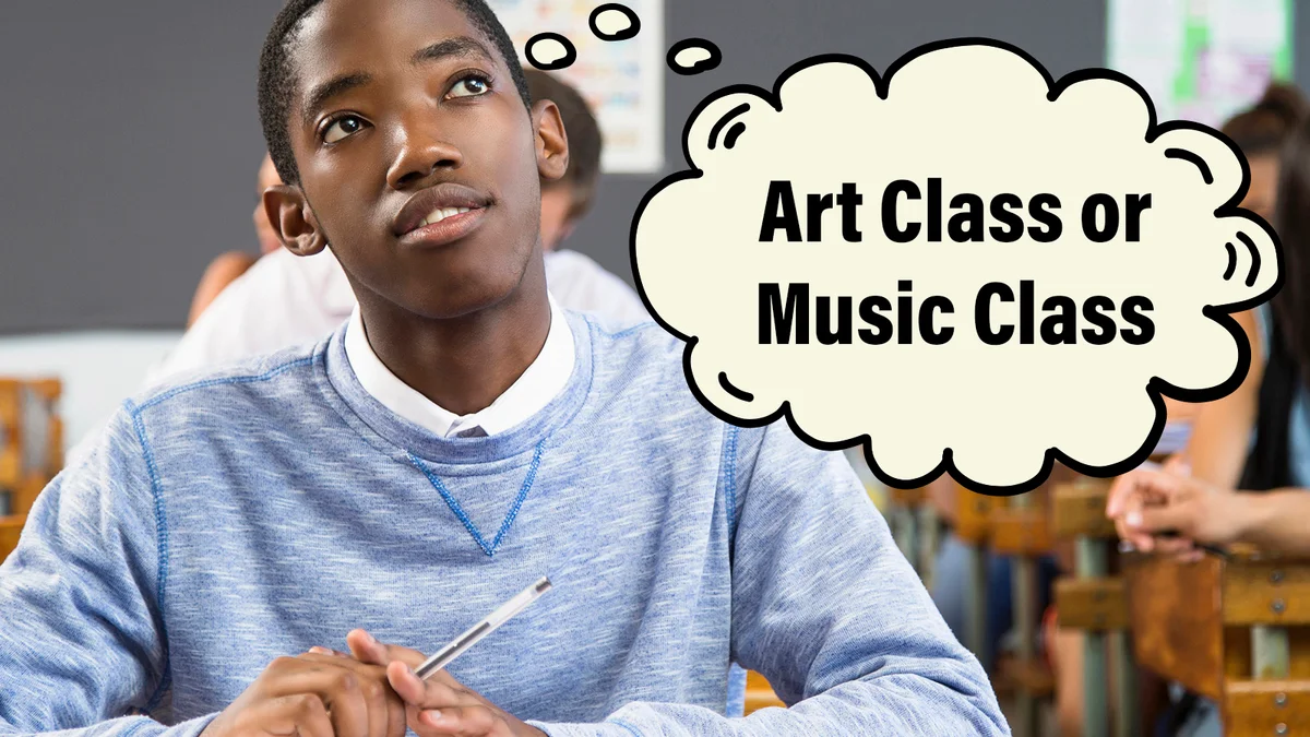 Male student thinking about art class or music class