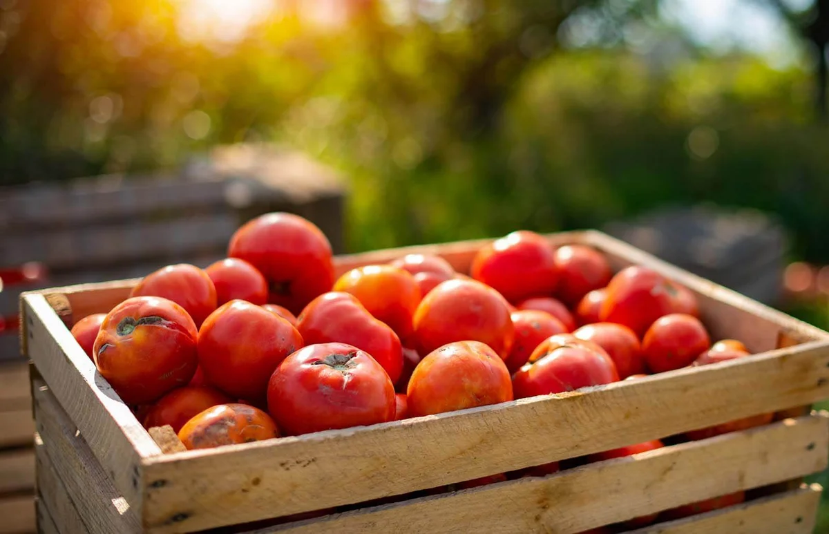 Red tomatoes in the wood box