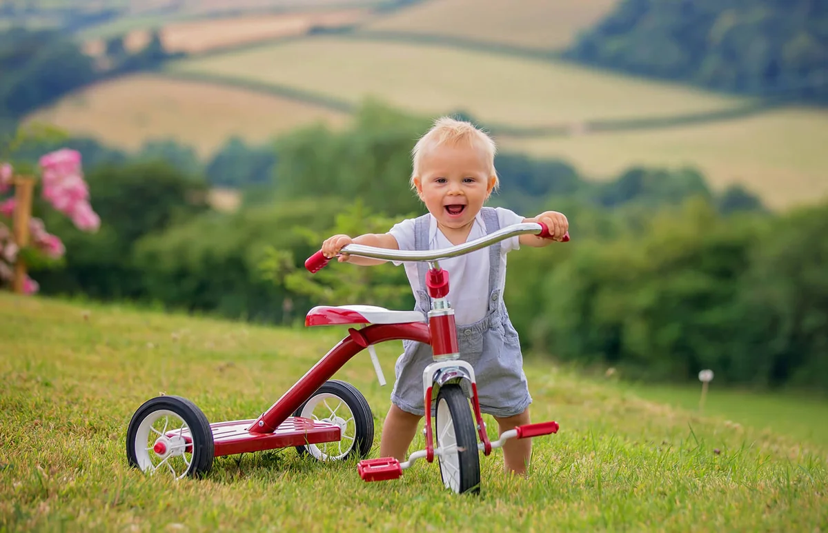 Cute toddler child playing with tricycle in backyard
