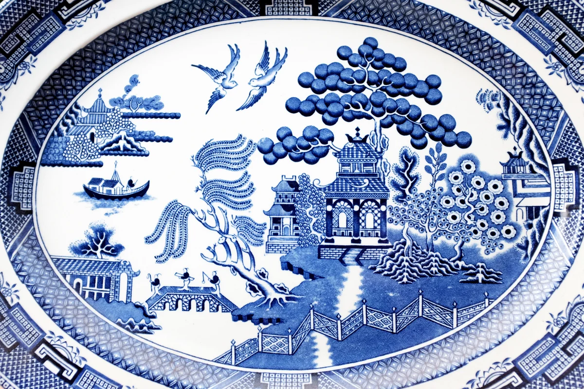 Traditional willow pattern design on antique Victorian serving platter