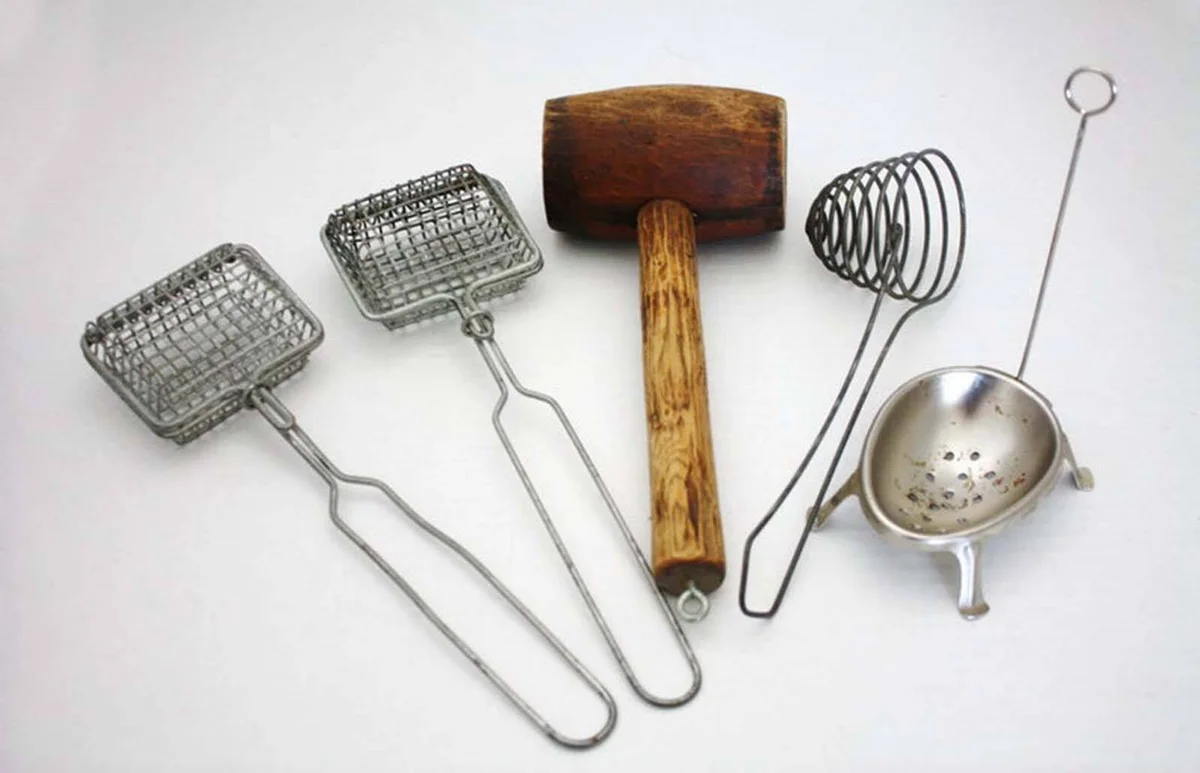 Antique Kitchen Utensils Soap Savers, Wood Mallet, Egg Separator and Poacher
