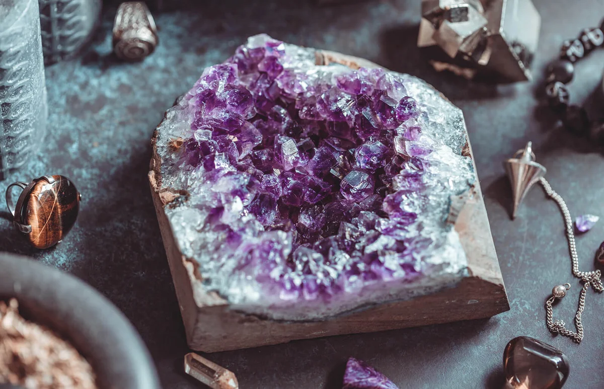 High Angle View Of Amethyst On Table