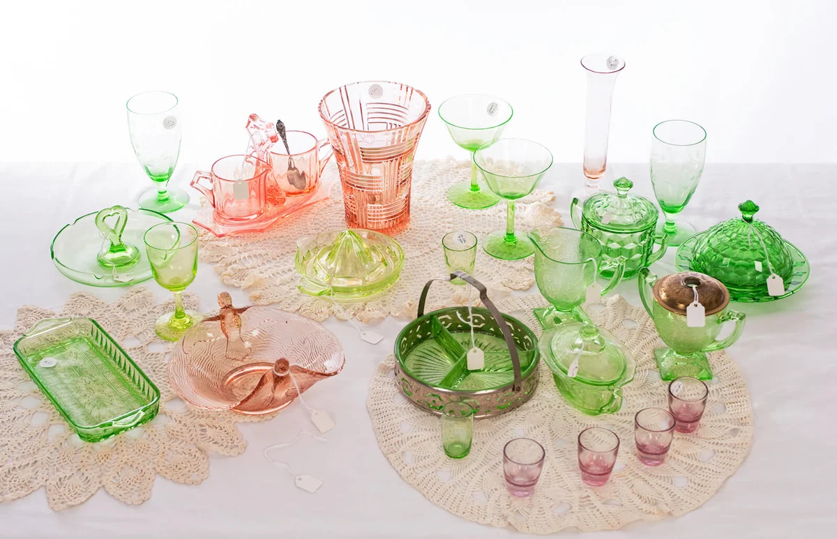 Depression Glass Collection At An Estate Sale