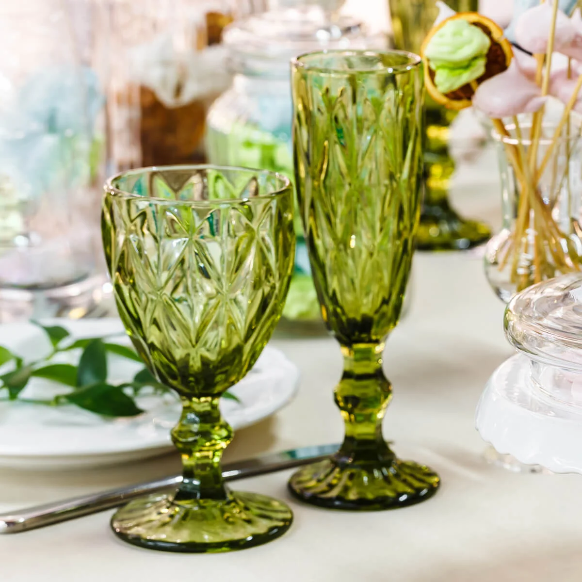 Festive table decorated with vases