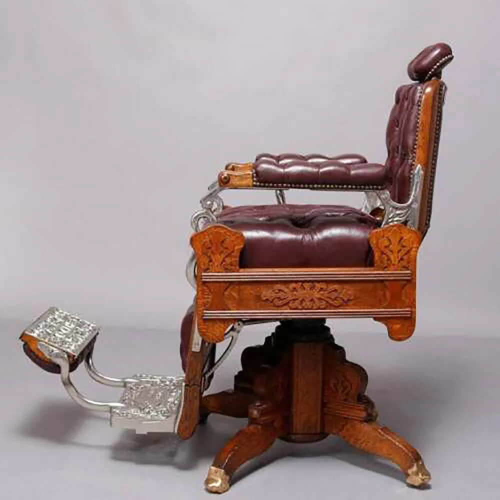 Antique Koken Restored Hydraulic Oak, Leather & Nickel Footed Barber Chair