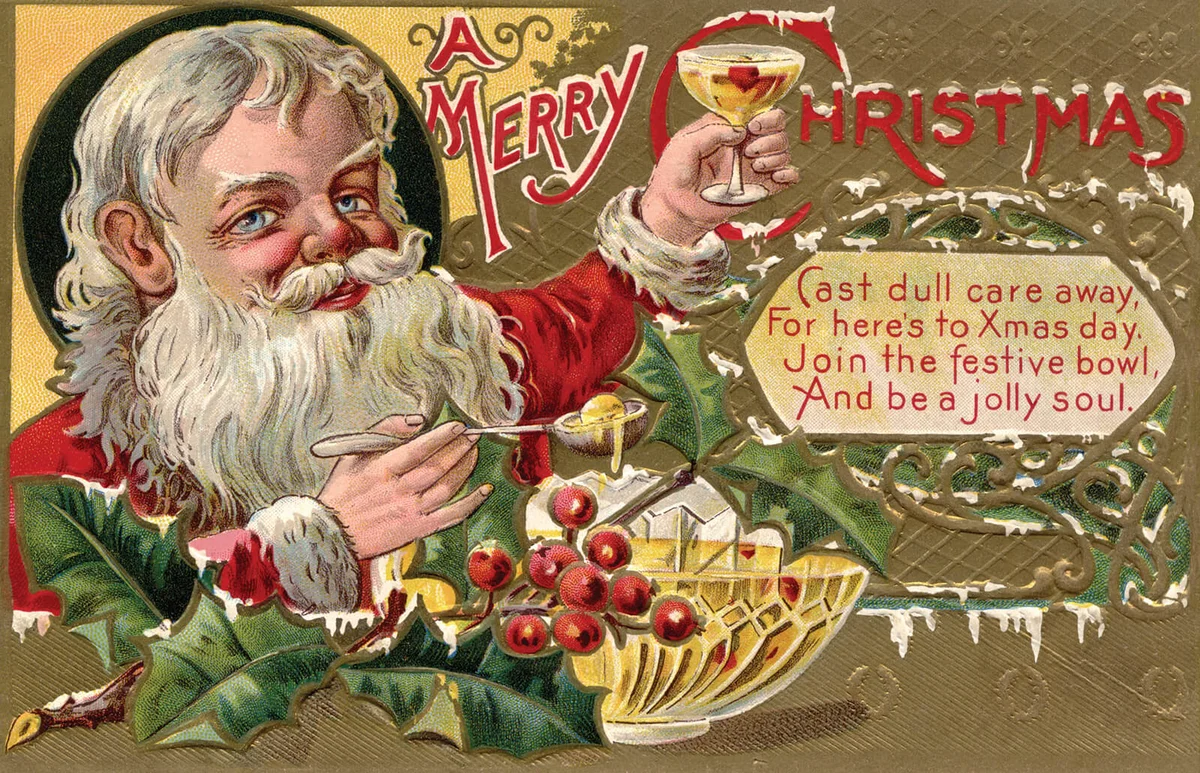 Vintage Christmas postcard of Santa Claus holding a glass of punch