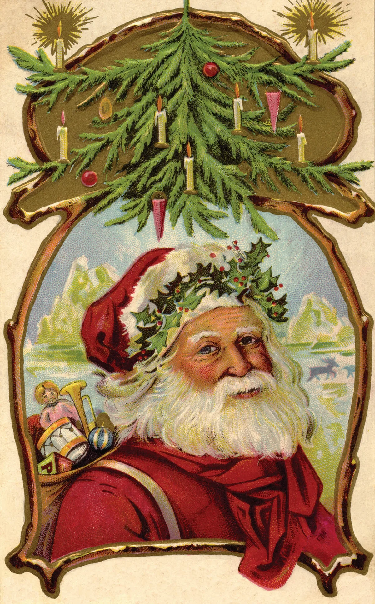 Vintage Christmas postcard of Santa Claus carrying a sack of toys underneath a Christmas tree