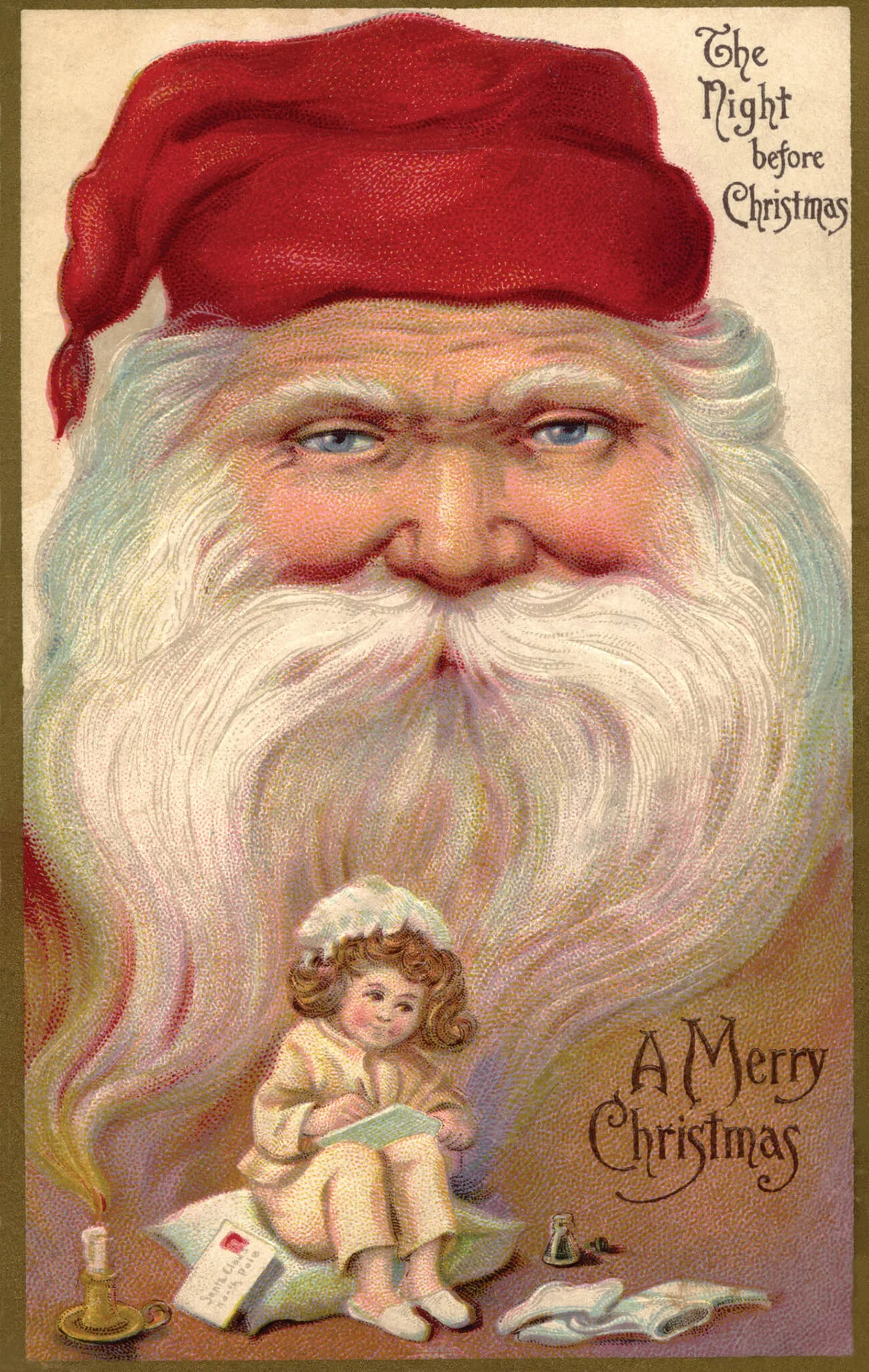 Vintage Christmas postcard with a little girl writing a list, and the face of Santa Claus in the background