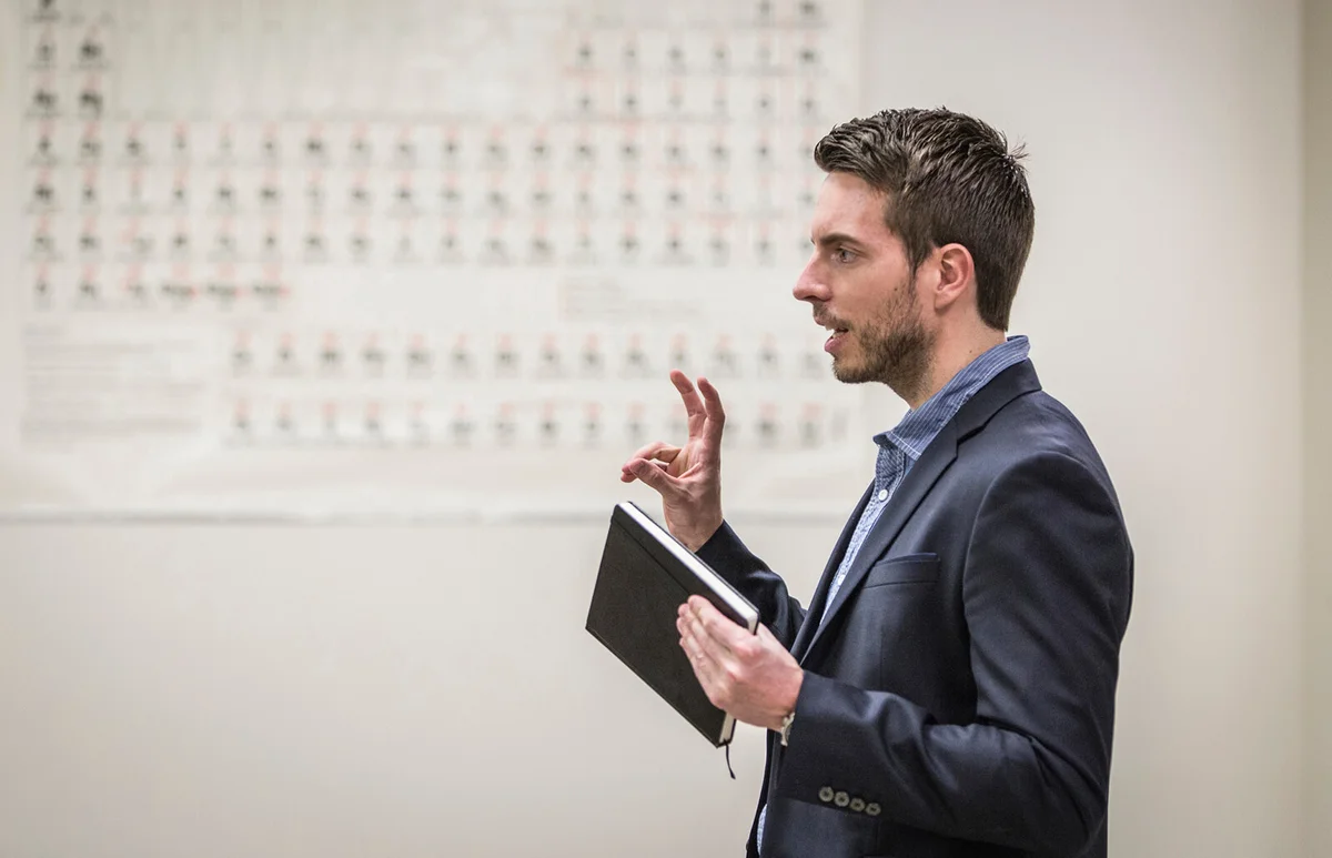Professor talking in college classroom
