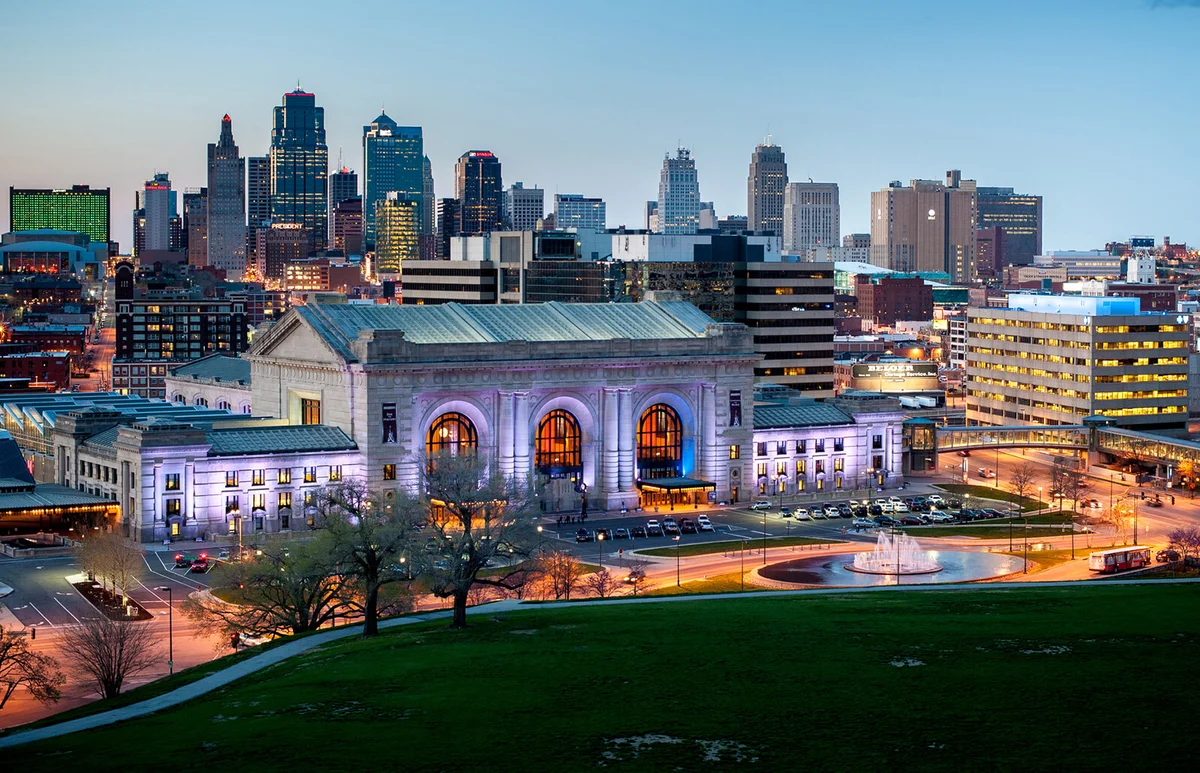 Union Station and downtown Kansas City MO at dusk