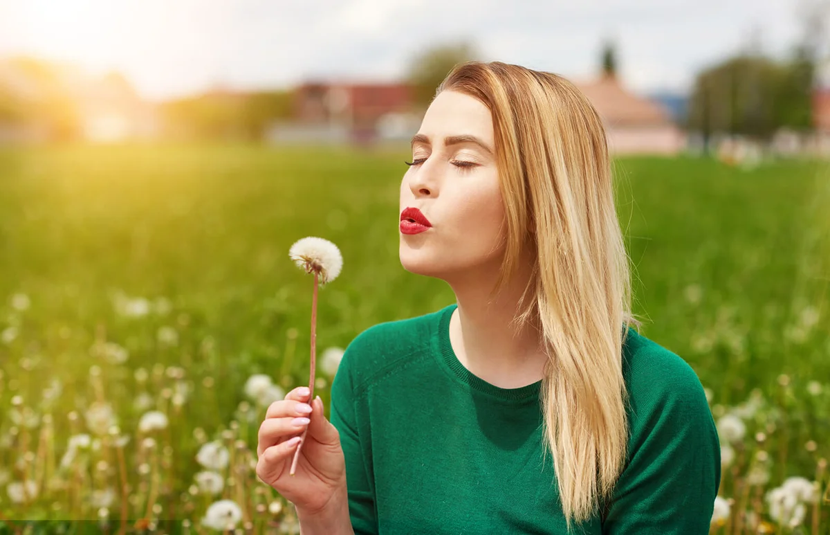 young woman in the spring field holding daffodil and blowing air in it