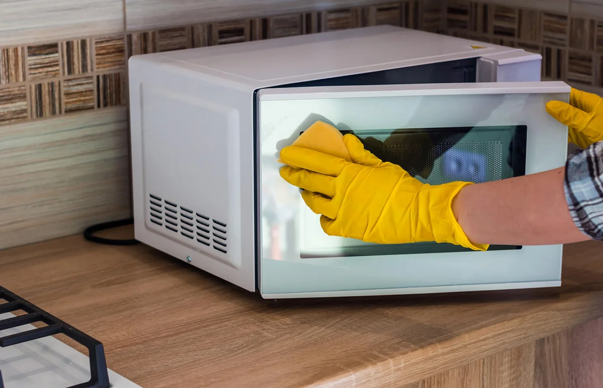 women's hands wash the microwave