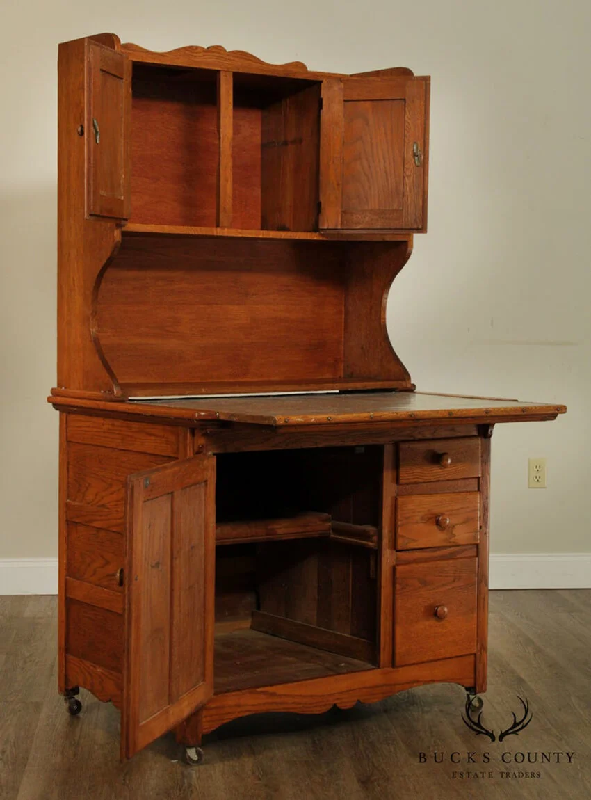 Antique Oak Hoosier Style Country Kitchen Cabinet, Cupboard