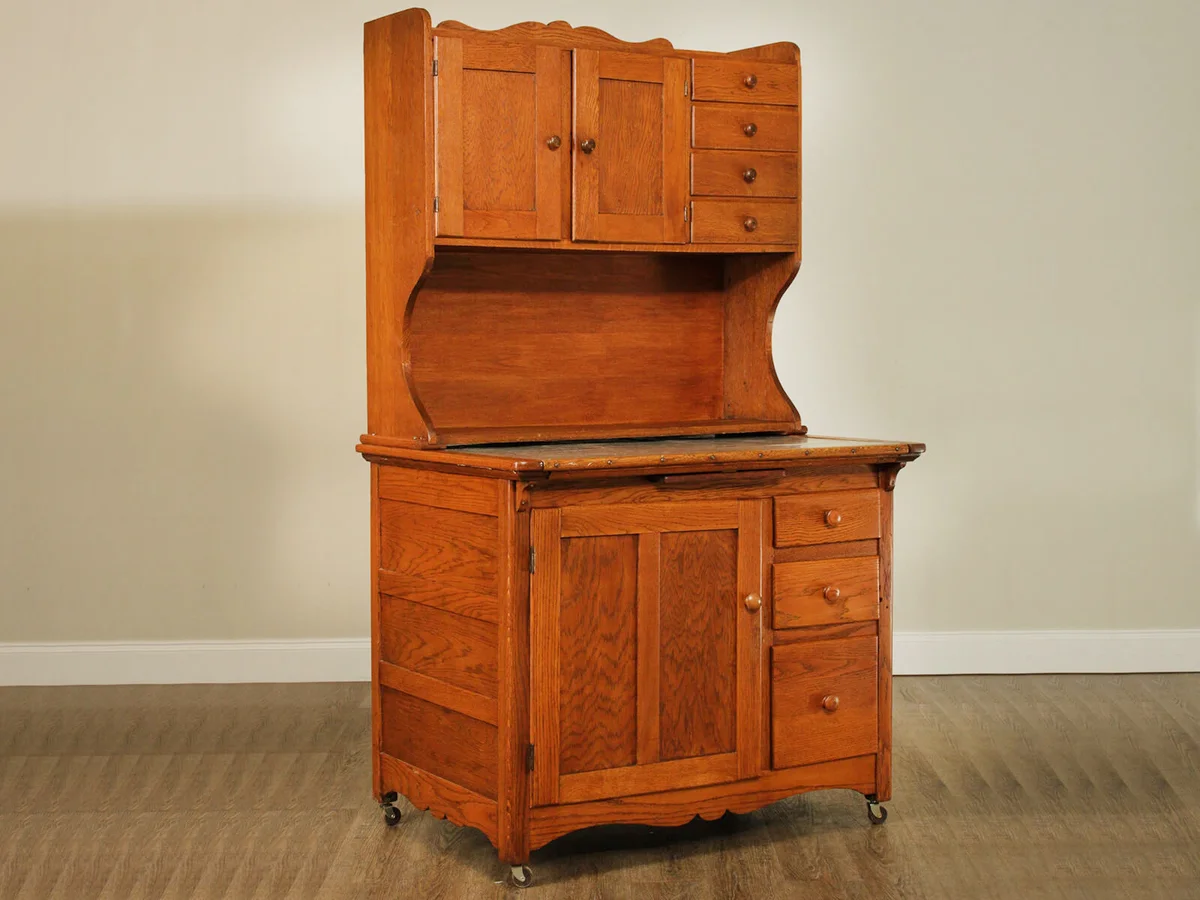 Antique Oak Hoosier Style Country Kitchen Cabinet, Cupboard