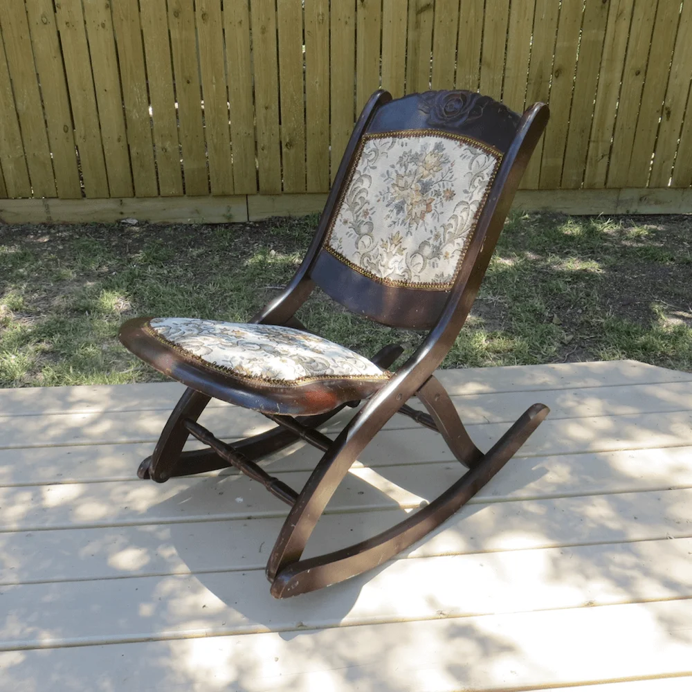 Vintage Folding Victorian Style Wood Rocking Chair Floral Tapestry Seat Rocker