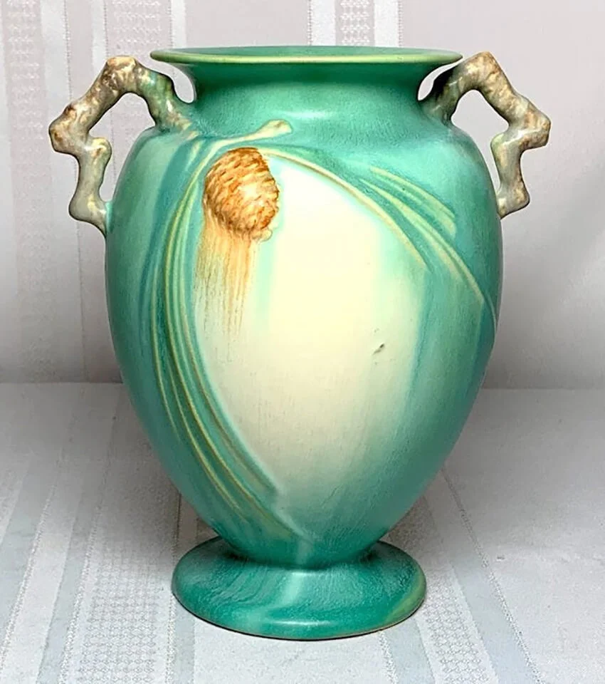 Roseville Pottery, Pinecone, Green Double Handle Vase