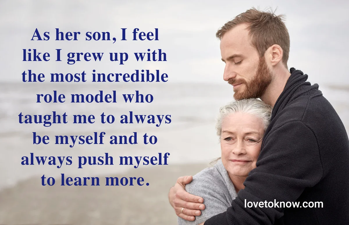 Adult son hugging senior mother on the beach