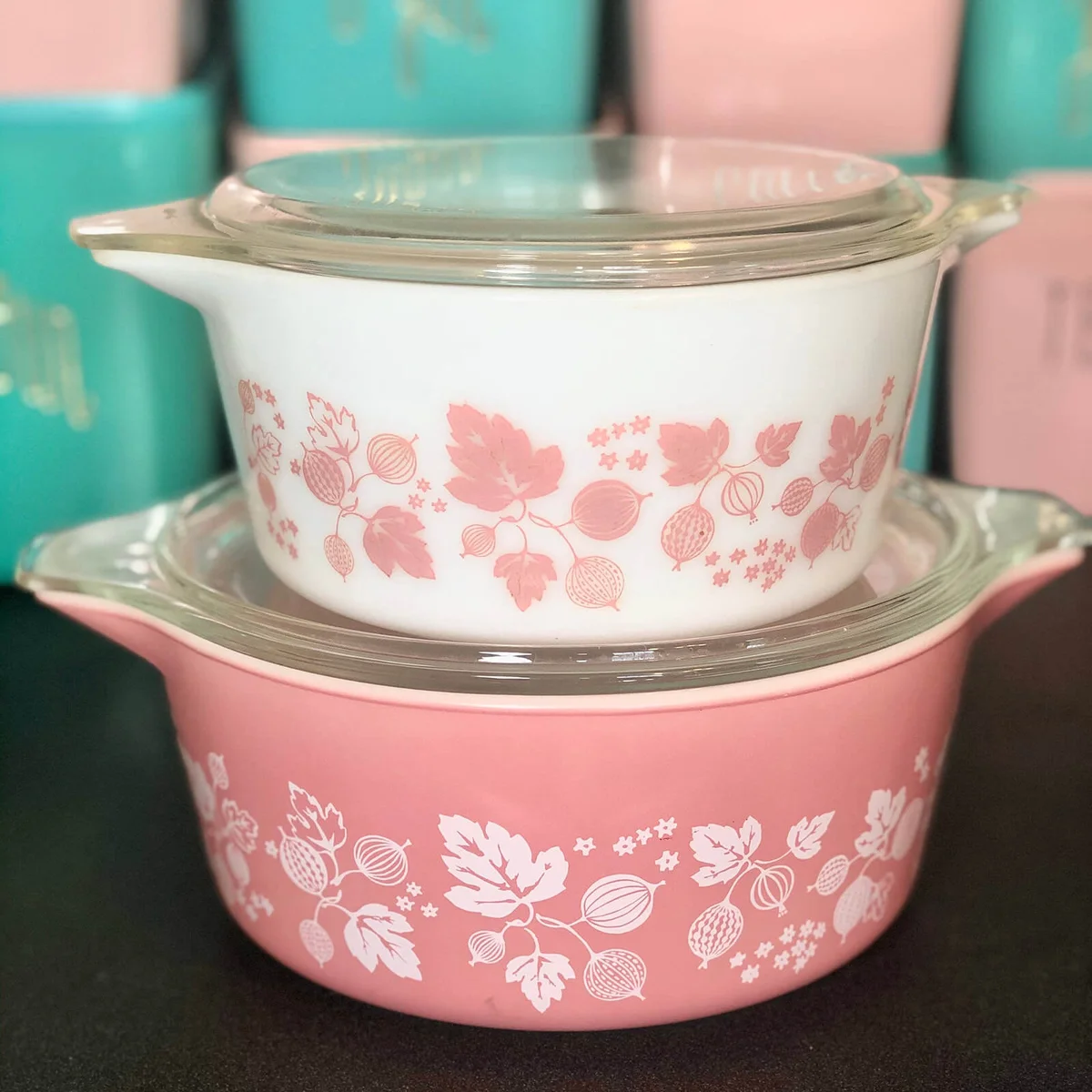 Vintage Pyrex Pink Gooseberry 474-475 Casseroles with lids/pink/1950/1.5qt/kitsch/mcm/timeless