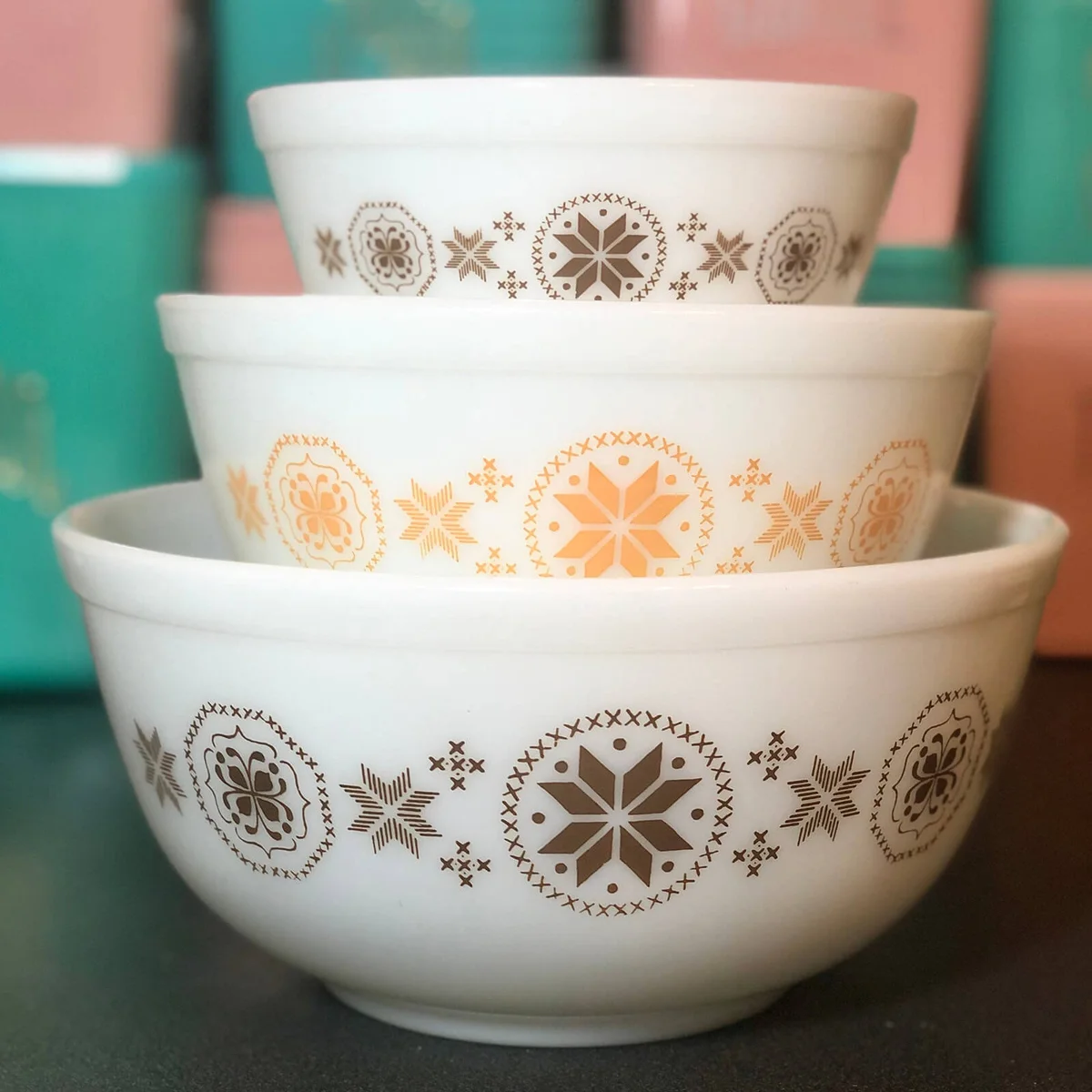 Vintage Pyrex Town and Country Mixing Bowls with Pattern/1960s/Harder to Find/Orange and Brown/Starbursts