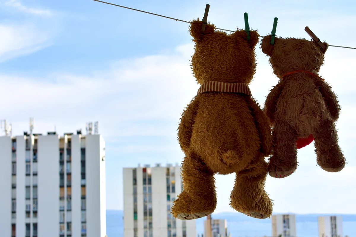 Cute brown Teddy Bears hanging out to dry