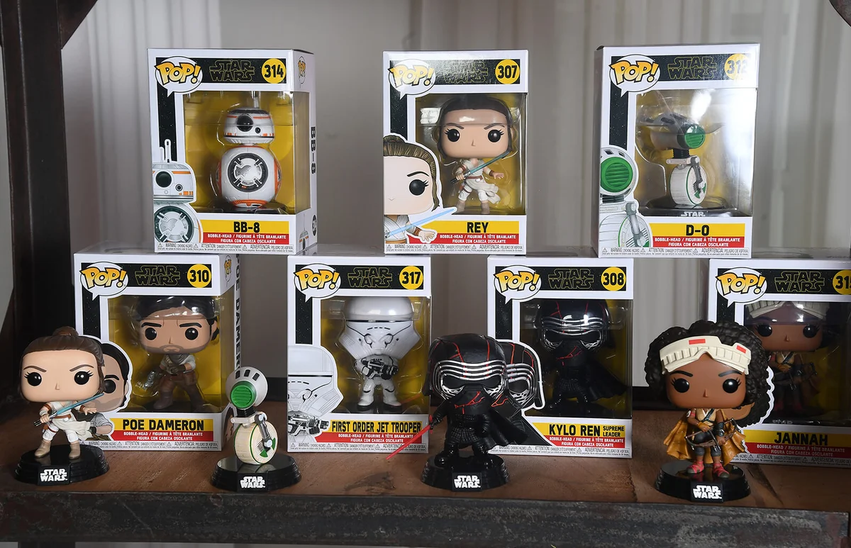 Funko Star Wars POP figures on display at the global live-stream event at Pinewood Studios revealing new Star Wars merchandise | Getty Editorial Use