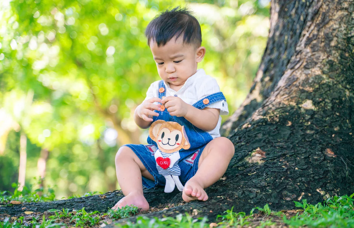 Cute baby boy sitting by tree trunk in park