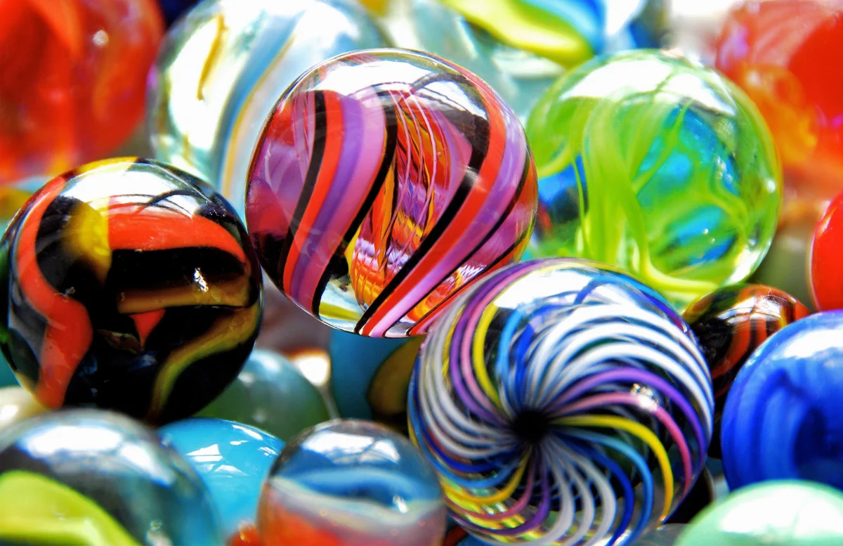 Colored glass marbles of varying designs