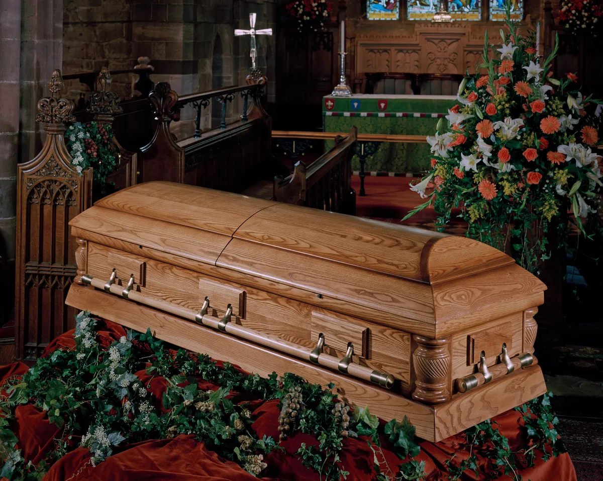Catholic church funeral and coffin