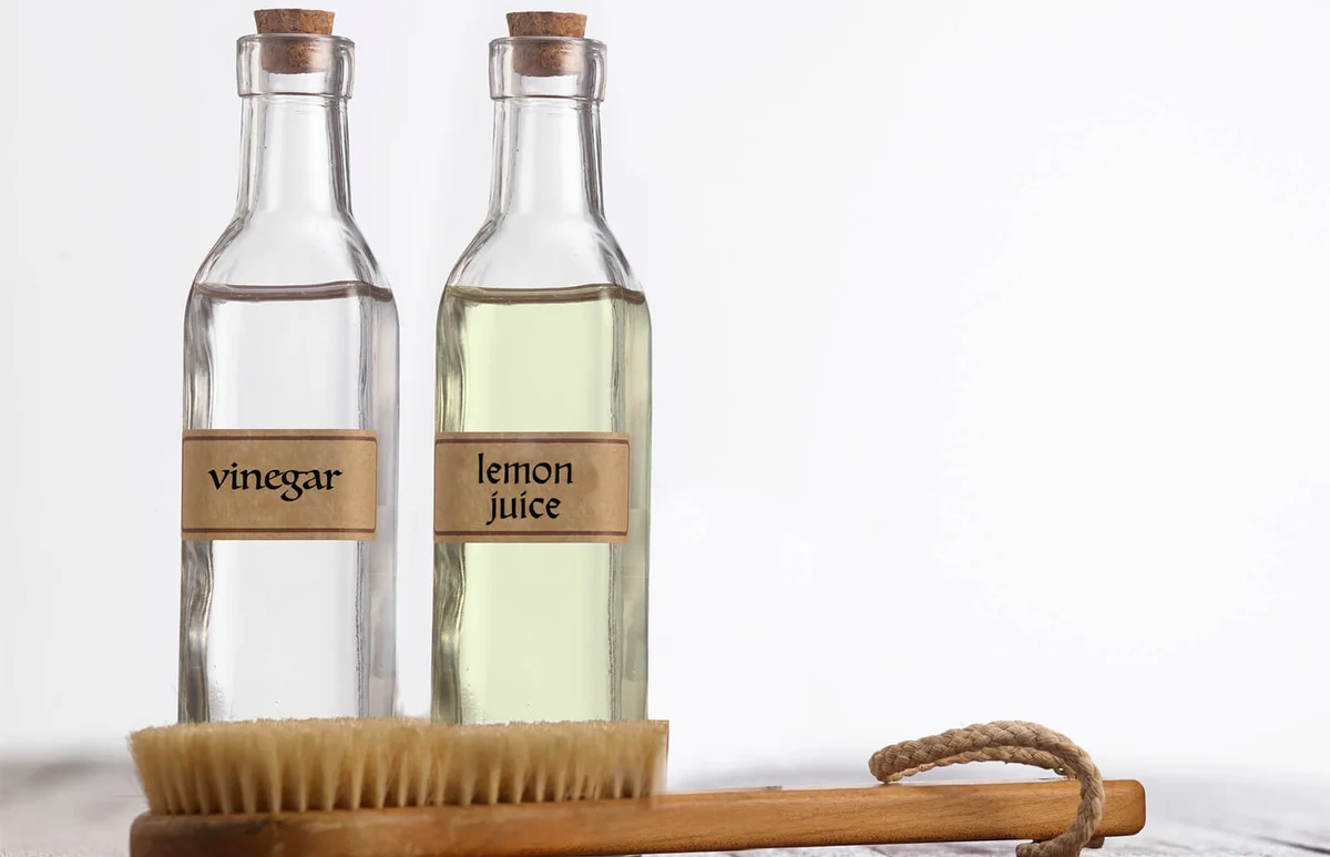 Vinegar and lemon juice by brush on table