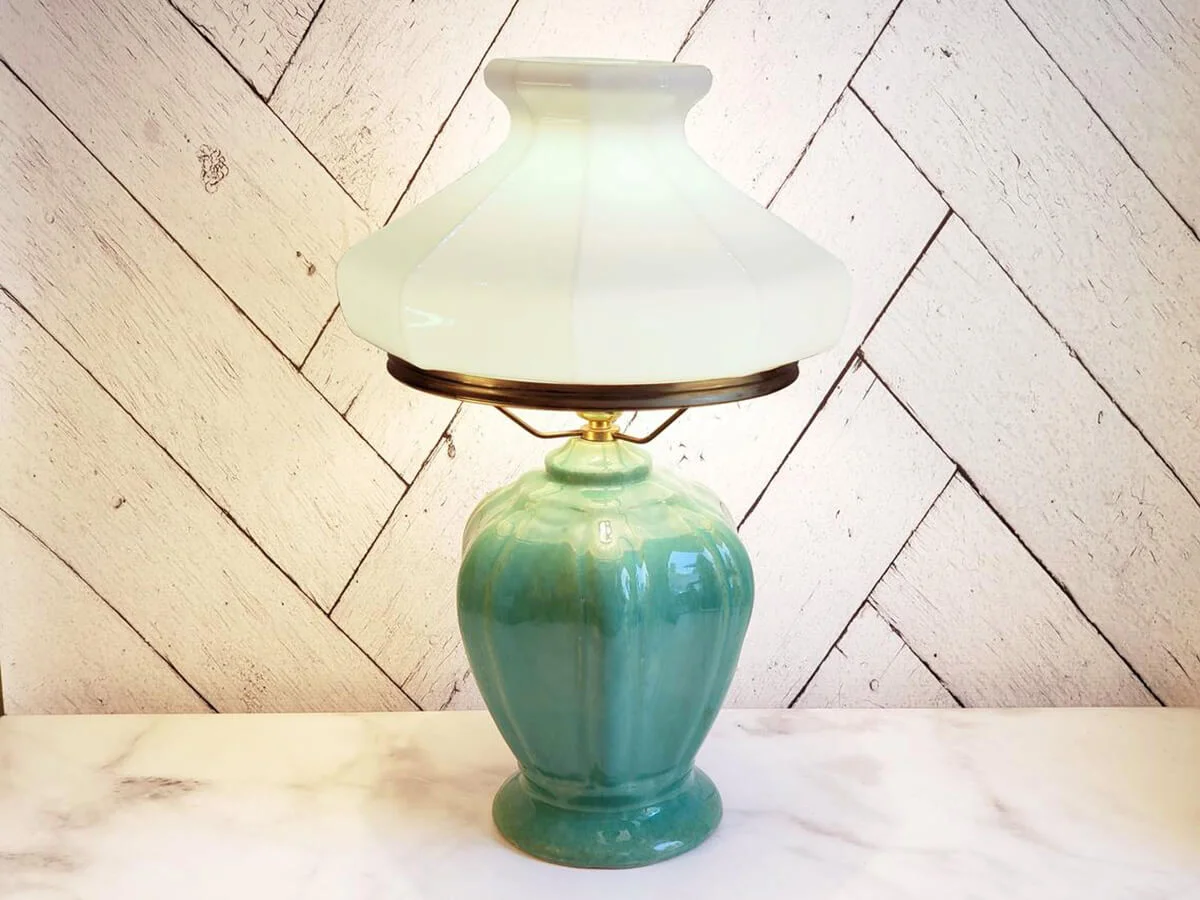 Antique Morton & Cliftwood Art Pottery Table Lamp with Octagonal Milk Glass Shade Aqua Green Drip Glaze Turquoise Rookwood Grueby Roseville