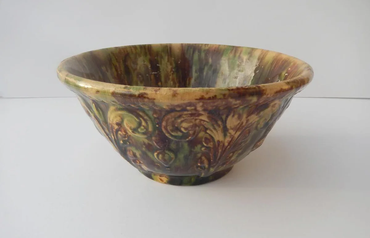 Morton Pottery Woodland Glaze Mixing Bowl - Fleurs-de-lis - Yellow Ware Mixing Bowl - Kitchen Decor - Vintage Kitchen