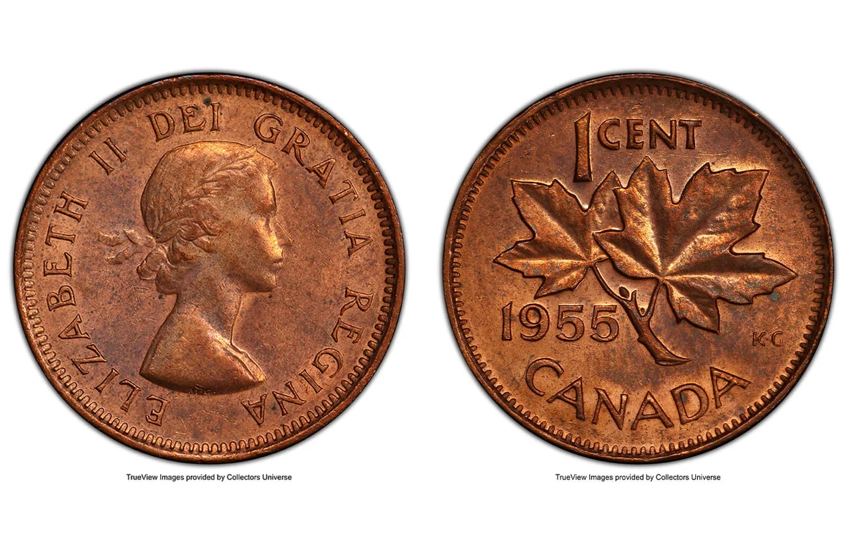 Canada: Elizabeth II "No Shoulder Fold" Cent 1955 MS63 Red and Brown