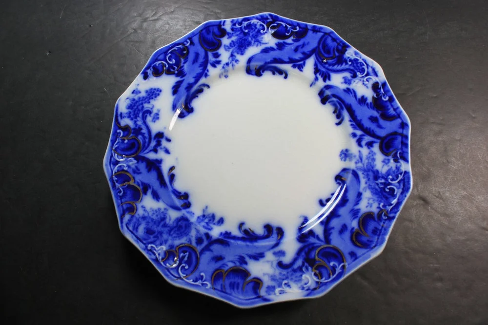 4 Antique W.H. Grindley Flow Blue Argyle 8" Plates , Circa 1896 England On Backstamp"