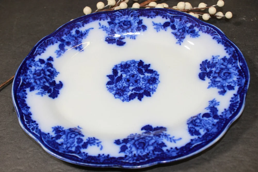 Antique Flow Blue "Waldorf" New Wharf Pottery England 10 3/4” x 9" Platter Semi-Porcelain Deep Cobalt Blue , Scalloped Edge