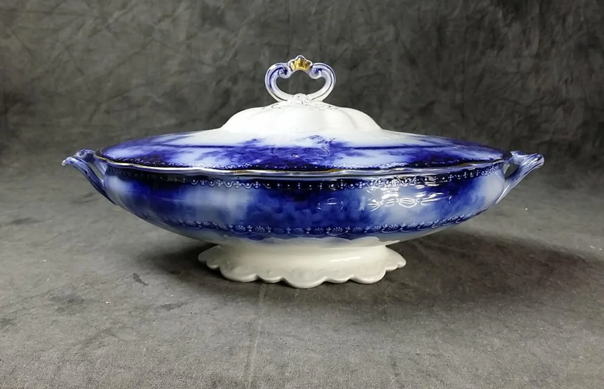 Vegetable (Flow Blue) Server by Alfred Meakin, Antique - Rare, 10 inch Serving Bowl, Antique Covered Bowl, Antique China