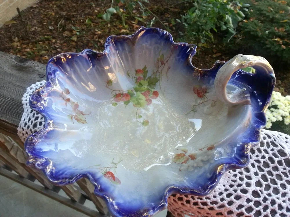 Large Antique Flow Blue La Belle China Strawberry Pattern Handled Dish Extremely Rare Early 1900s Wheeling Pottery W. P. La Belle Pottery