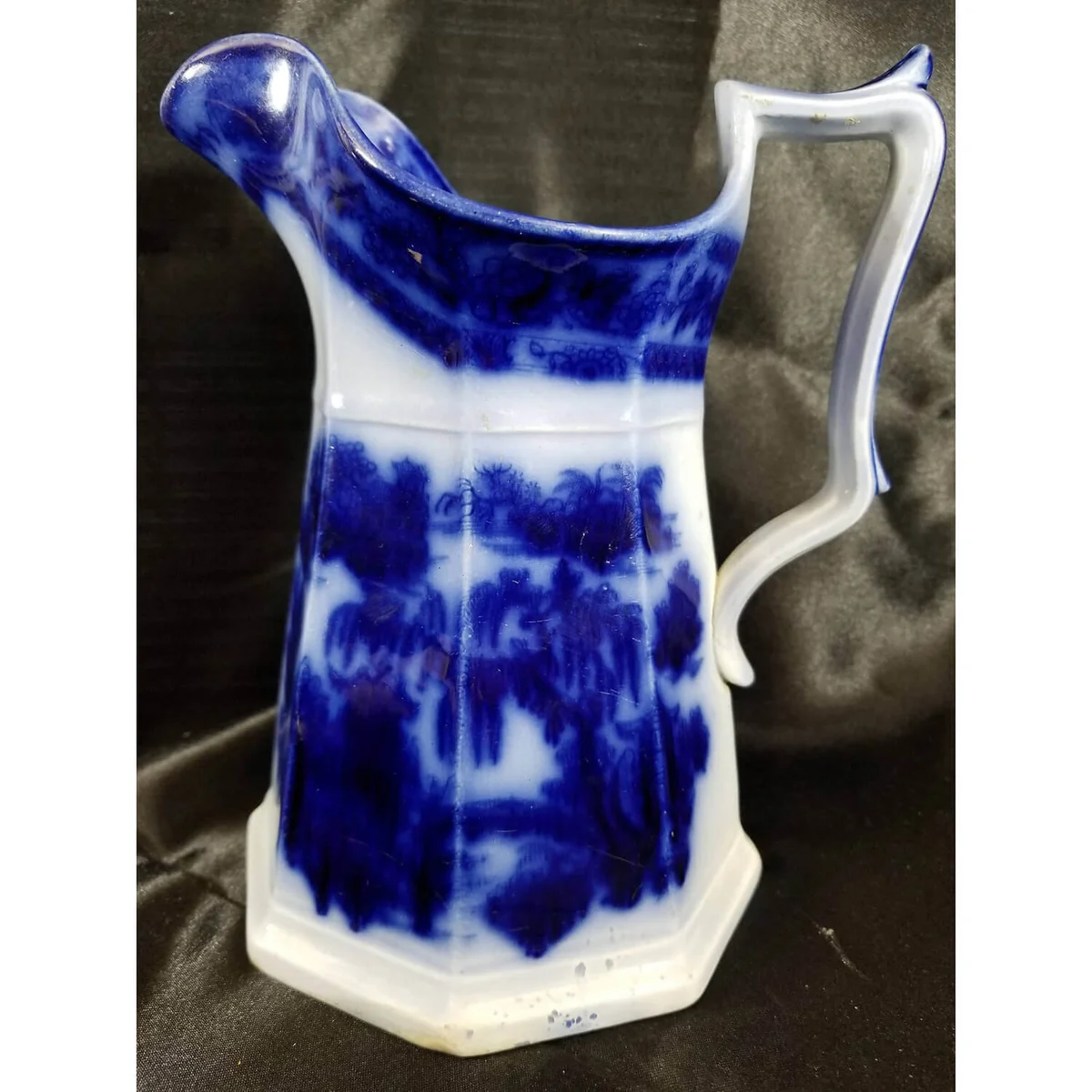 Flow Blue Pitcher Podmore Walker Manilla Willow Pattern 8 Sided 8" tall 1850's