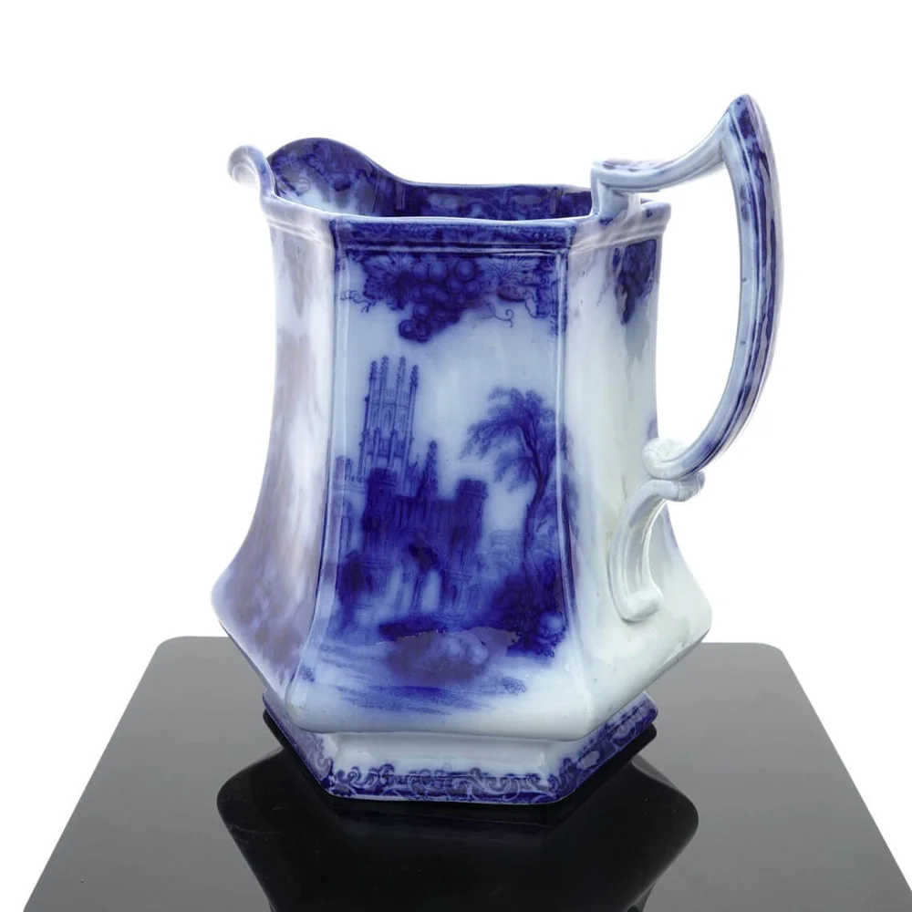 c1860 Gothic Flow Blue Water Pitcher by Jacob Furnival Rare