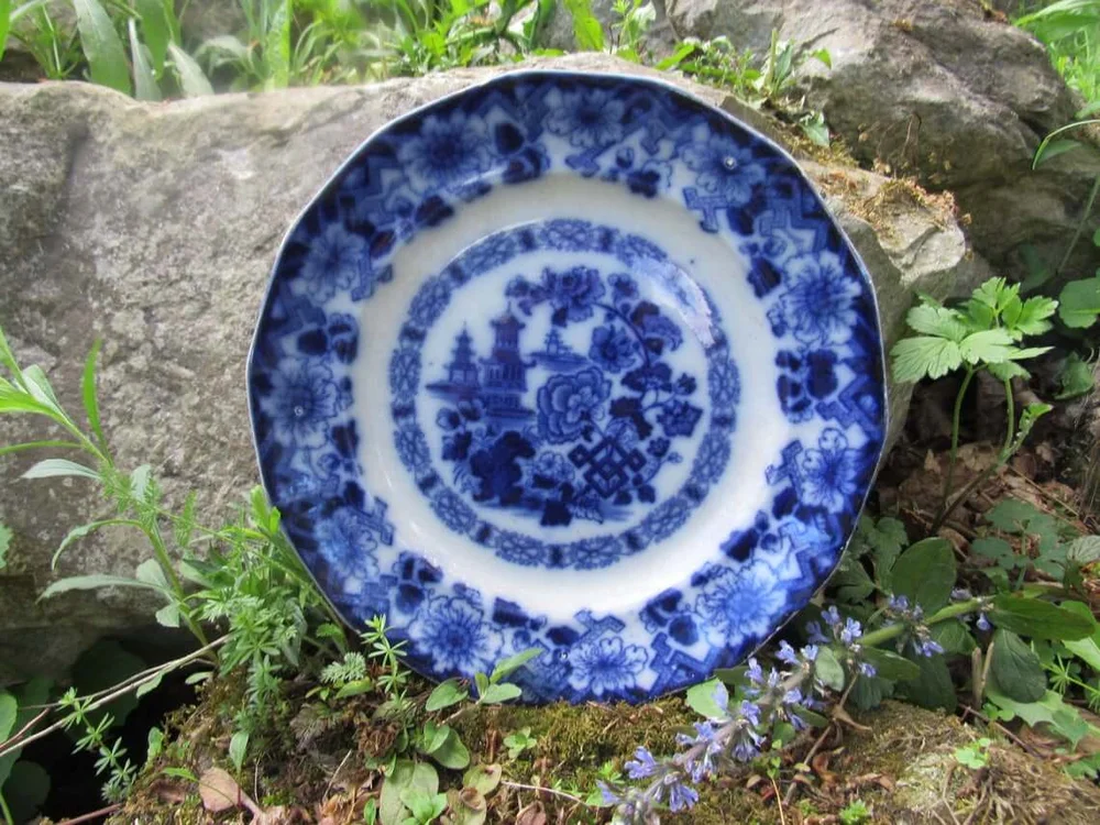 ROCK ~ by Edward Challinor (1792-1879), pottery manufacturer, Tunstall 9.5" Flow Blue Plate.