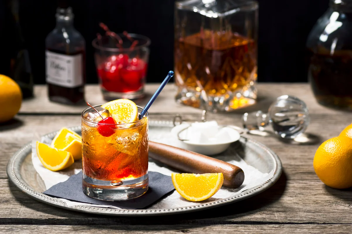 Old Fashioned Cocktail in a Vintage Bar