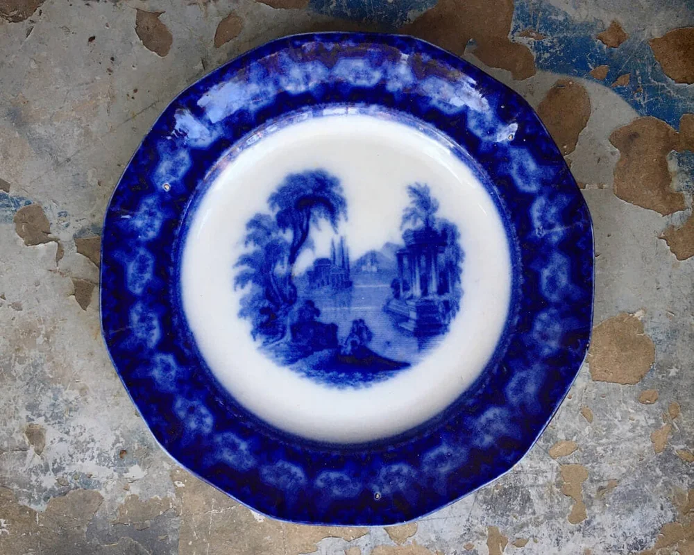 Antique Flow Blue Ironstone Plate Excelsior Pattern 9.25", Circa 1840s Thomas Furnival (Fell) Pottery, Transferware English Cottage Decor