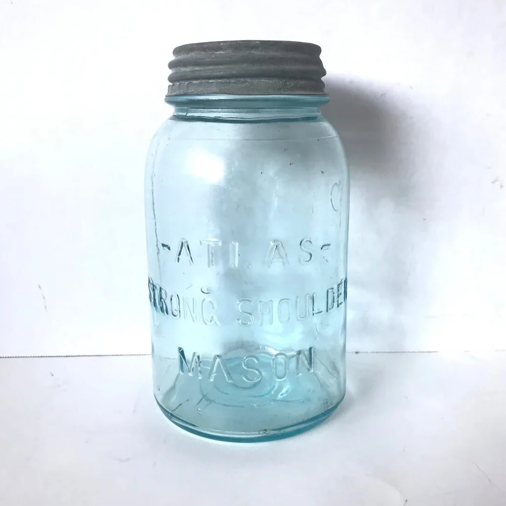 Atlas Blue Canning Jar Vintage One Quart Mason Jar With Zinc Lid Atlas Strong Shoulder Canning Jar Rustic Kitchen Decor Farmhouse Decor