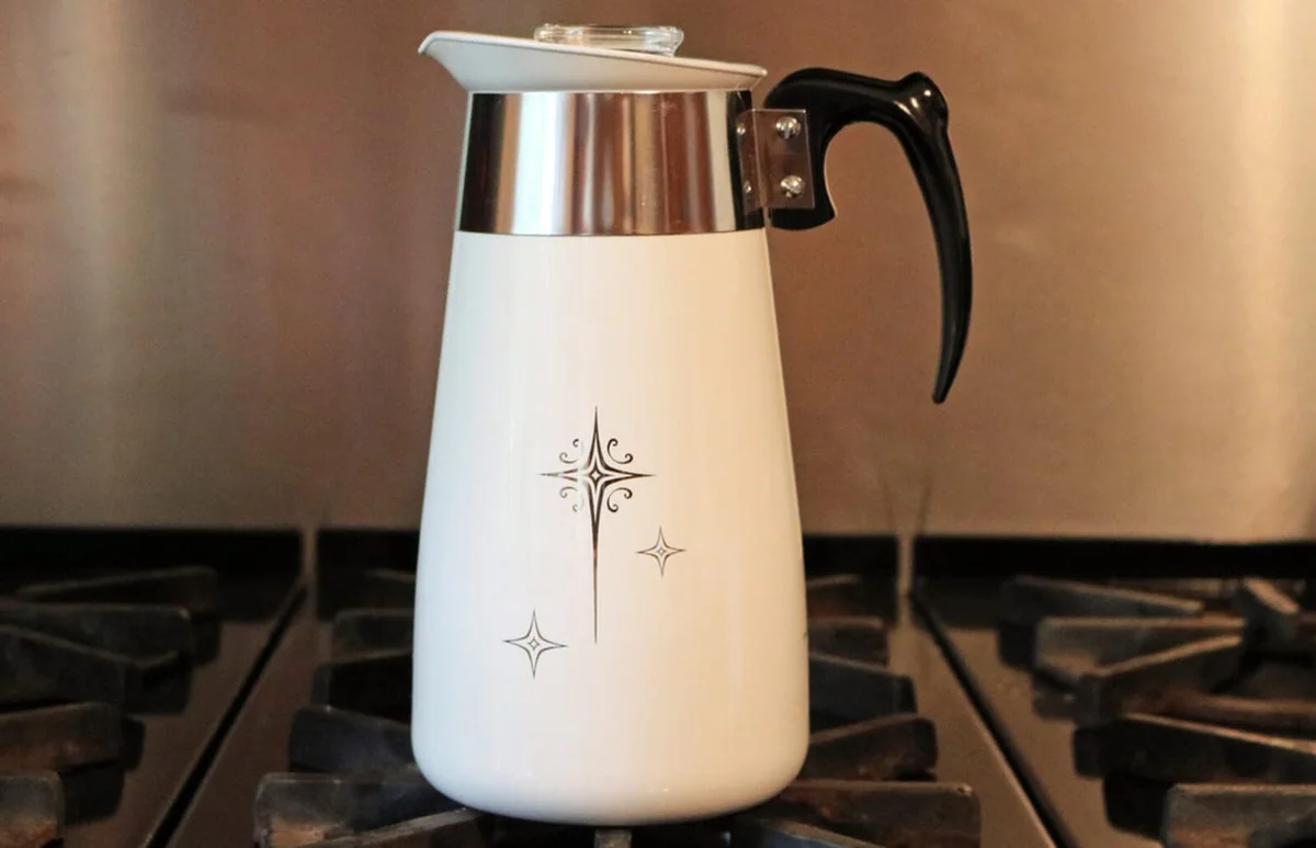 Corning Ware "Platinum Starburst" ~ 8 Cup Percolator/Coffee Pot ~ Complete ~ 5 Pieces ~ Stove Top ~ Coffee Maker ~ 1959-62
