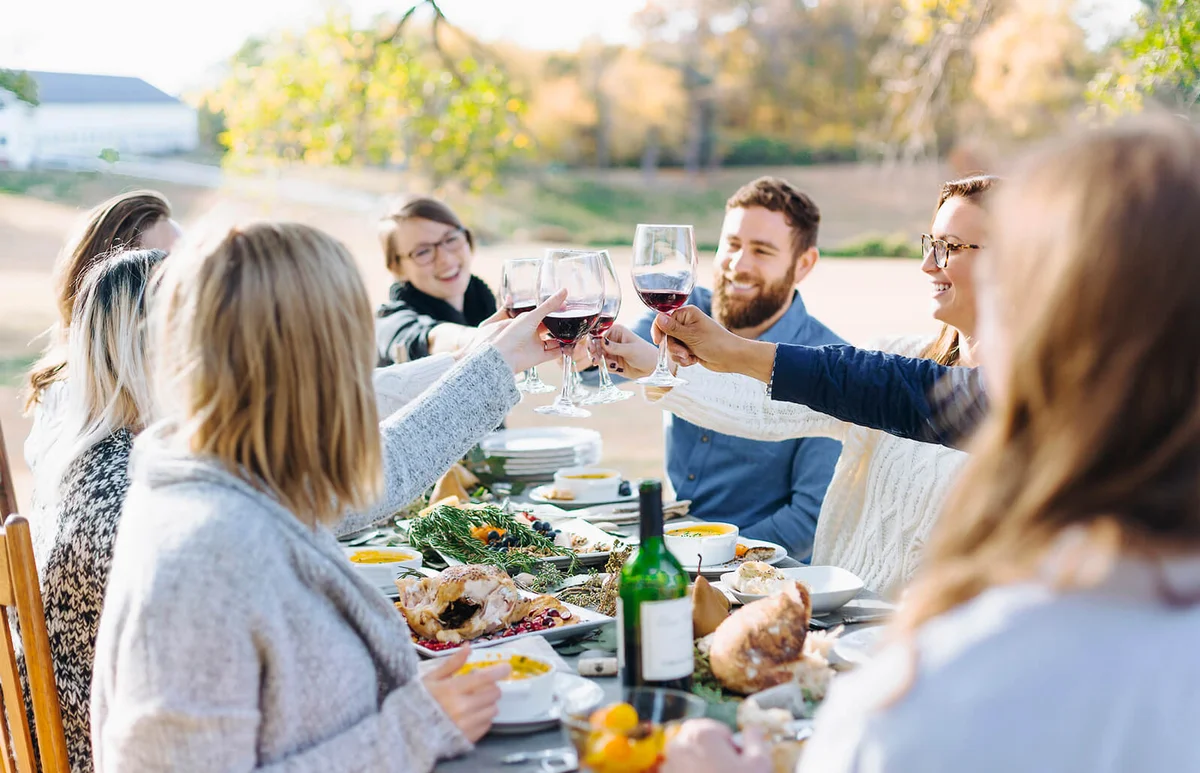 Friends toasting with wine at outdoor table