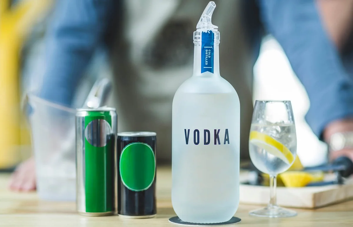 Bottle of vodka in distillery