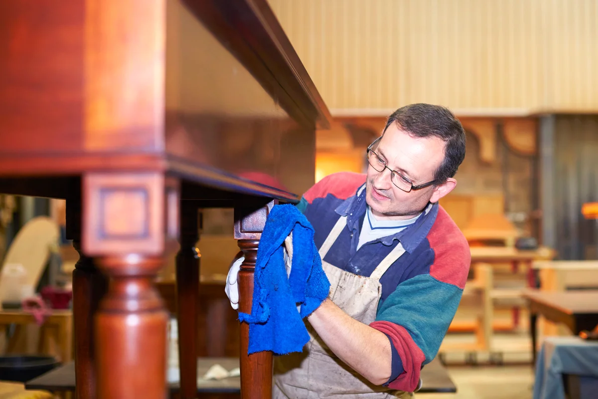 Craftsman applying wax finish to furniture