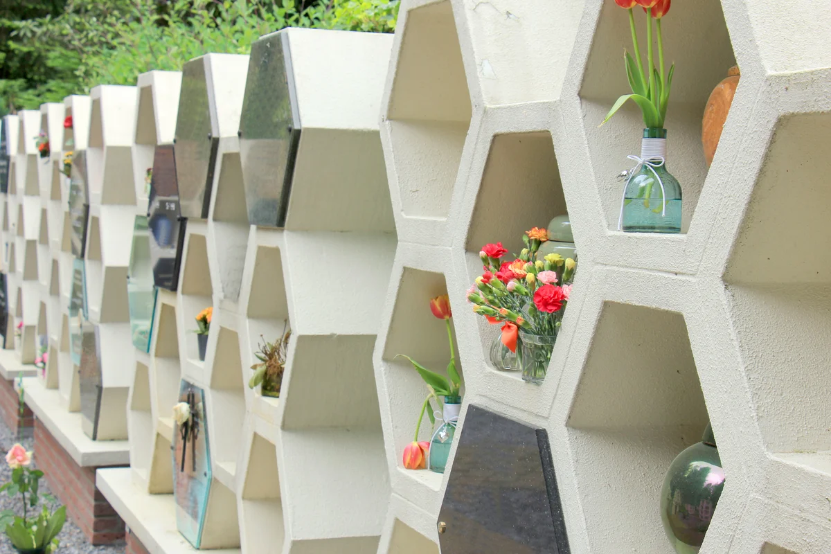 Columbarium at a cemetery, public storage of cinerary urns