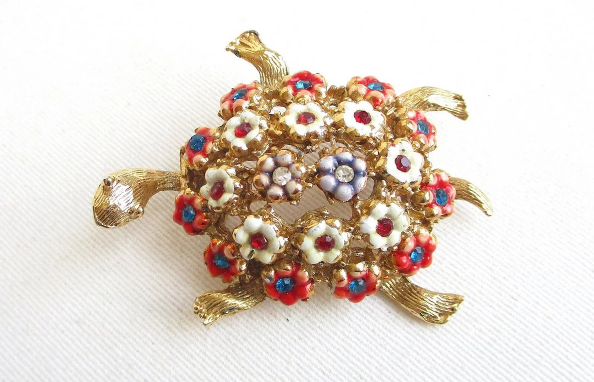 HATTIE CARNEGIE Rhinestone and Enamel Flower Vintage Gold Ornate Turtle Brooch - 2 1/8" Wide - Designer Signed - Estate Jewelry