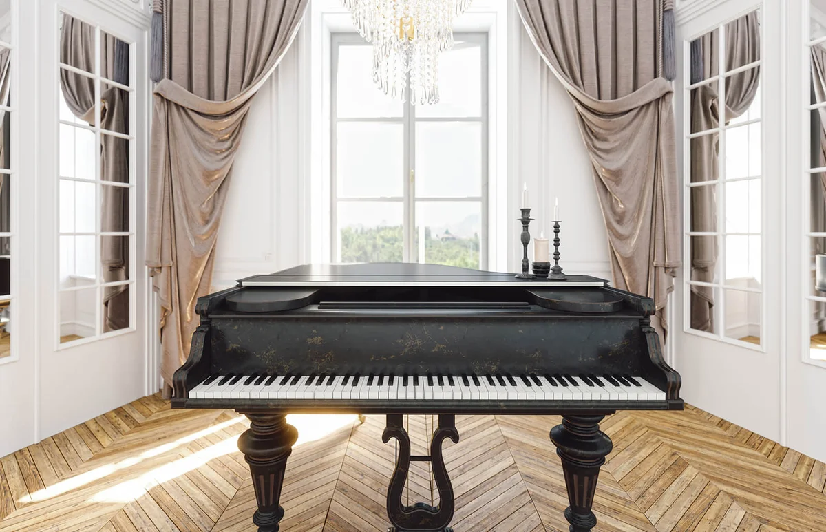 Vintage grand piano in the baroque style room